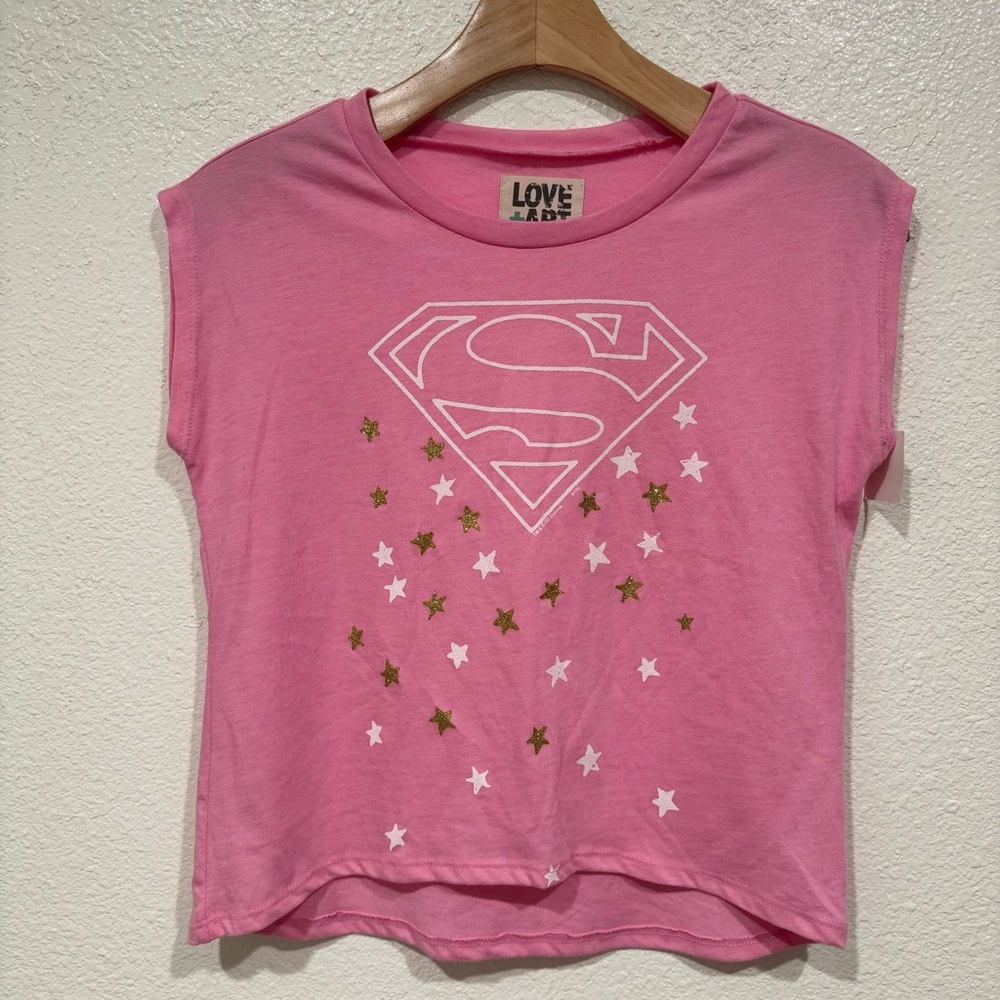 NWT Kids Love + Art Girls Pink Gold Super Girl Star Graphic T-Shirt L 10/12